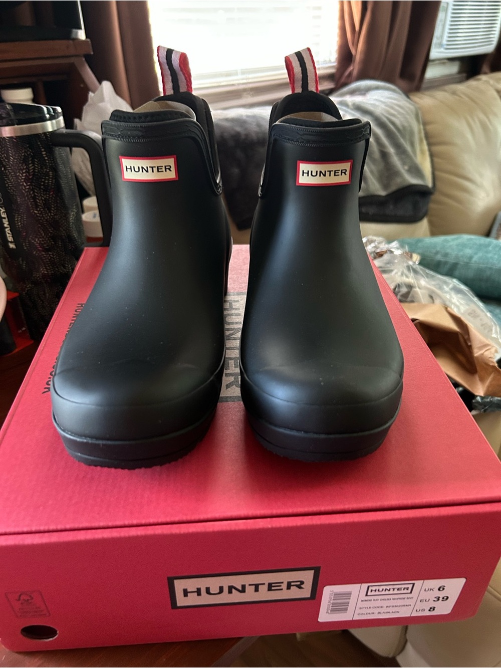 Hunter Black Chelsea Short Rain Boots with Red-Trim Pull Tabs